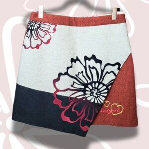 23.$10-L(UK40)-DESIGUAL Wood Blend Long Mini Faux Wrap Skirt Rust/Blk/Burg/Cream